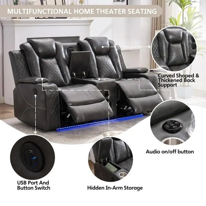 Canapé inclinable électrique avec chargeur sans fil, liseuse pour salon, lumière LED en similicuir, port AC/USB, porte-gobelet, noir