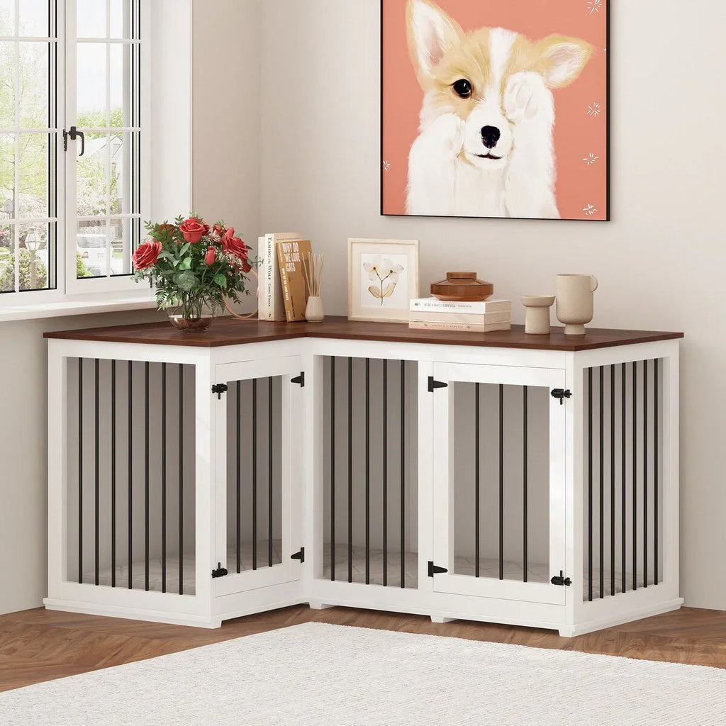Grand meuble de caisse d'angle pour 2 chiens, cage pour chien en forme de L - 58,7X41,1