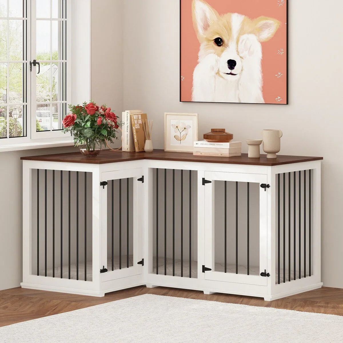 Grand meuble de caisse d'angle pour 2 chiens, cage pour chien en forme de L - 58,7X41,1