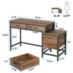 Bureau réversible avec 5 tiroirs, Bureau d'ordinateur de maison avec tiroir classeur et support d'imprimante