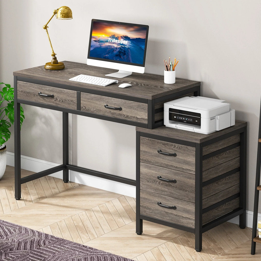 Bureau réversible avec 5 tiroirs, Bureau d'ordinateur de maison avec tiroir classeur et support d'imprimante