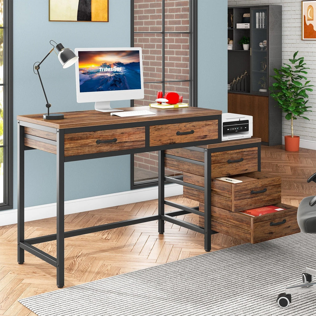 Bureau réversible avec 5 tiroirs, Bureau d'ordinateur de maison avec tiroir classeur et support d'imprimante