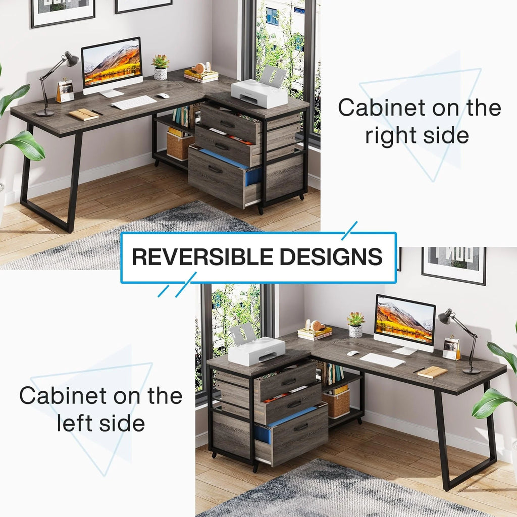 Bureau d'angle en L réversible avec tiroirs de classement, bureau d'ordinateur d'angle