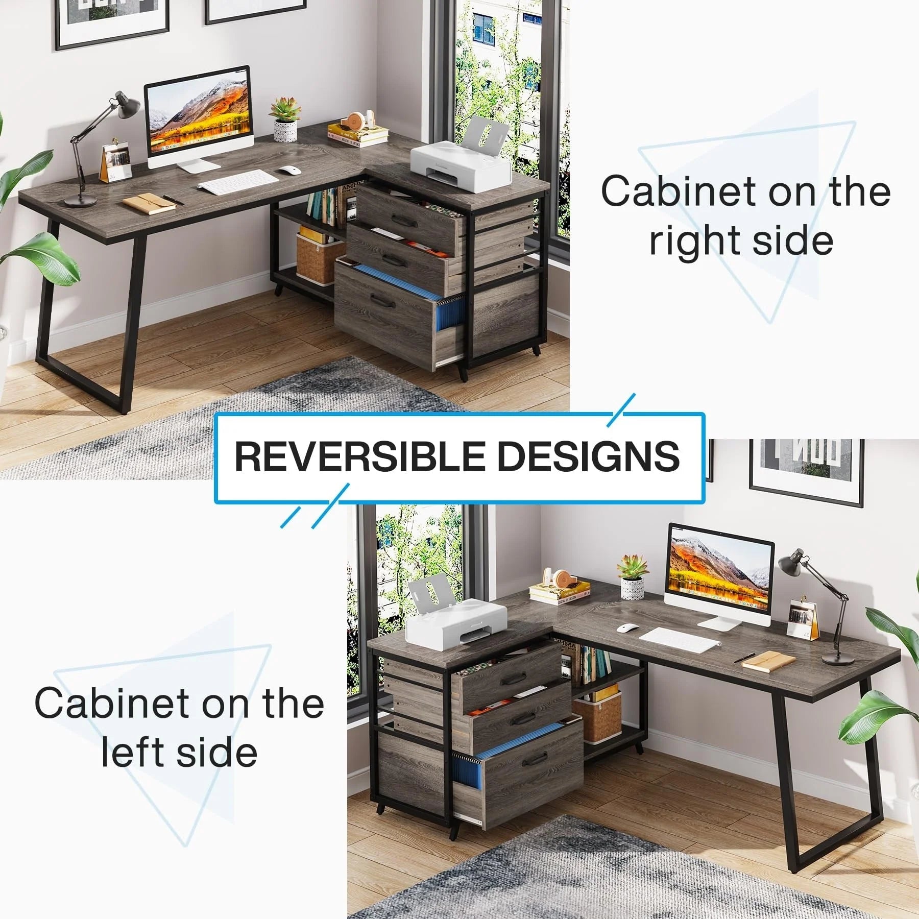 Bureau d'angle en L réversible avec tiroirs de classement, bureau d'ordinateur d'angle