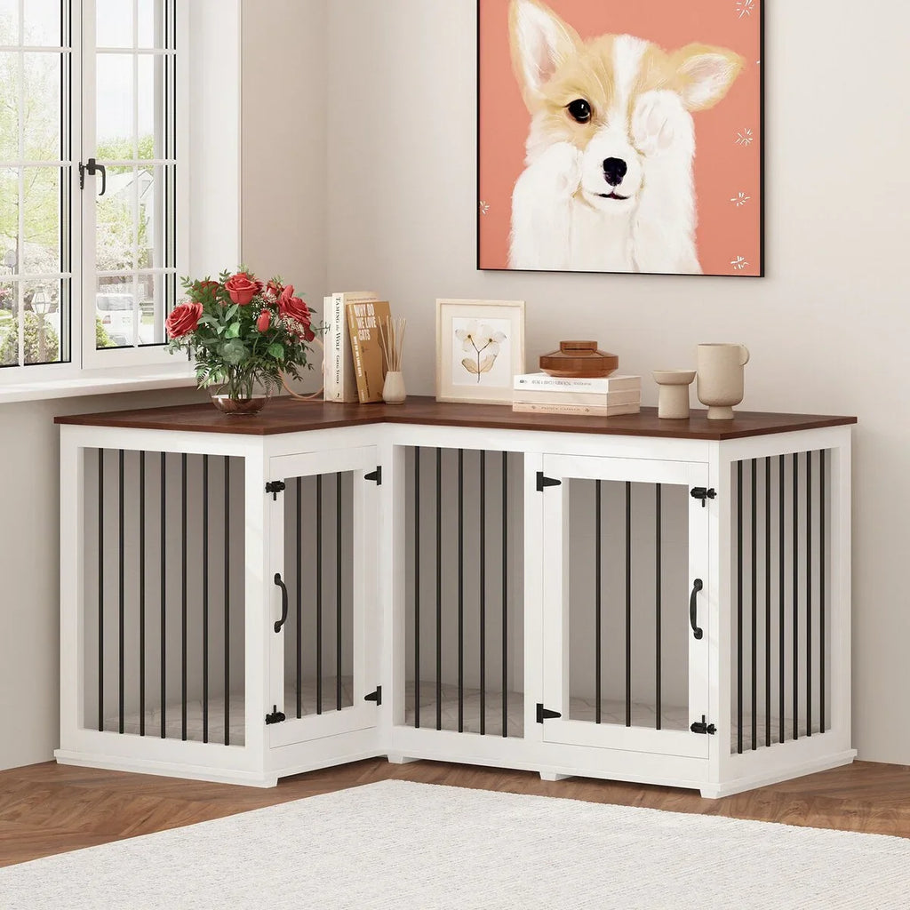 Grand meuble de caisse d'angle pour 2 chiens, cage pour chien en forme de L - 58,7X41,1